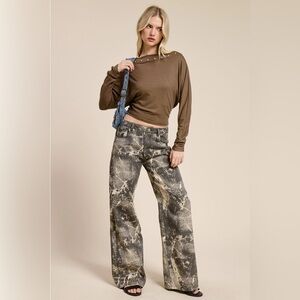 Grunge Splatter Print Wide Leg Denim Pants